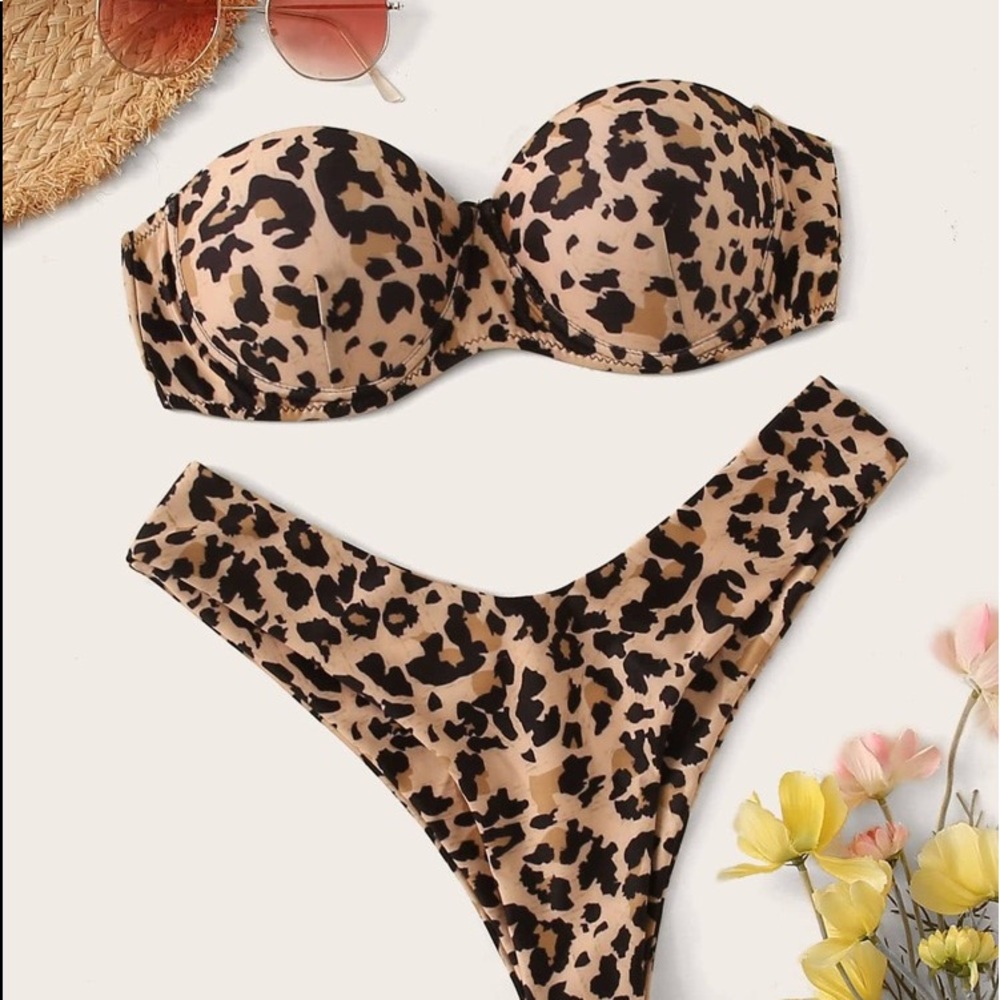 Leopard Bandeau Tie Back Bikini Swimsuit